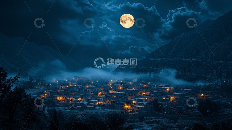 高清大图下载【趣麦麦图】月夜下的山村小镇