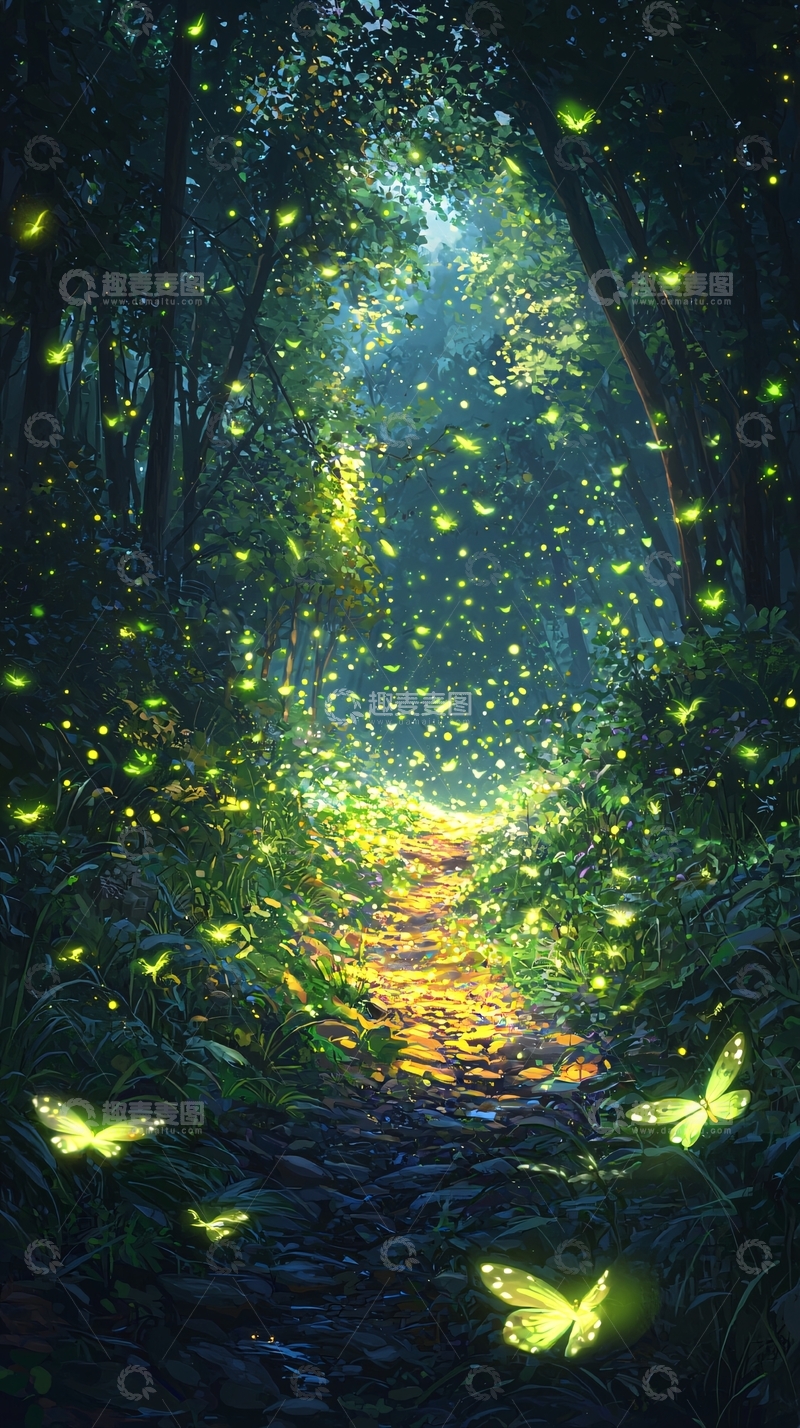 高清大图下载【趣麦麦图】梦幻森林萤火虫之夜