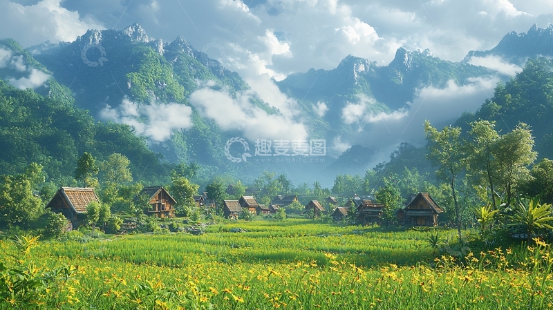 高清大图下载【趣麦麦图】山谷村庄稻田美景