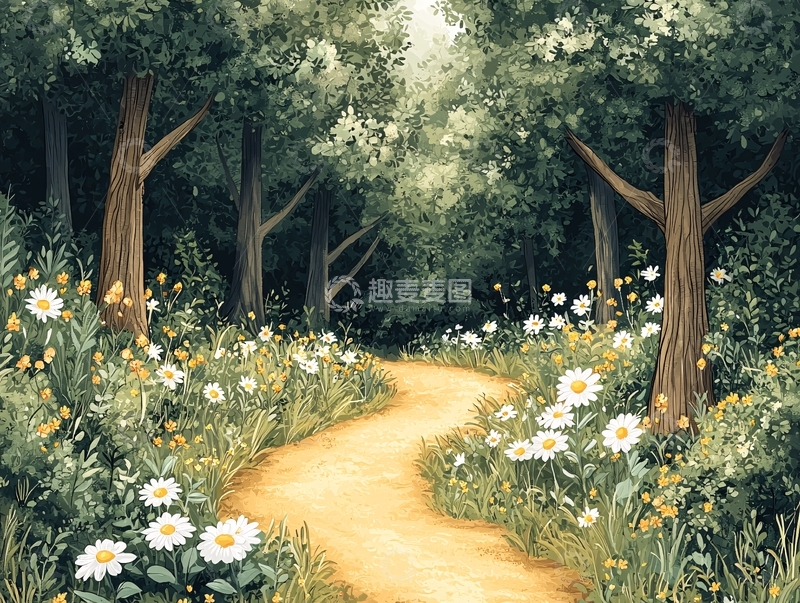 高清大图下载【趣麦麦图】蜿蜒小路穿过繁花森林