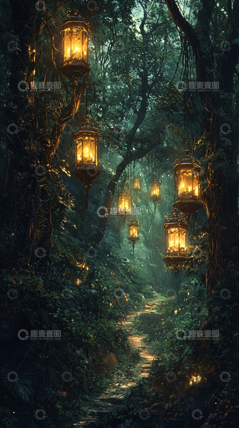 高清大图下载【趣麦麦图】森林小路上的灯笼夜景