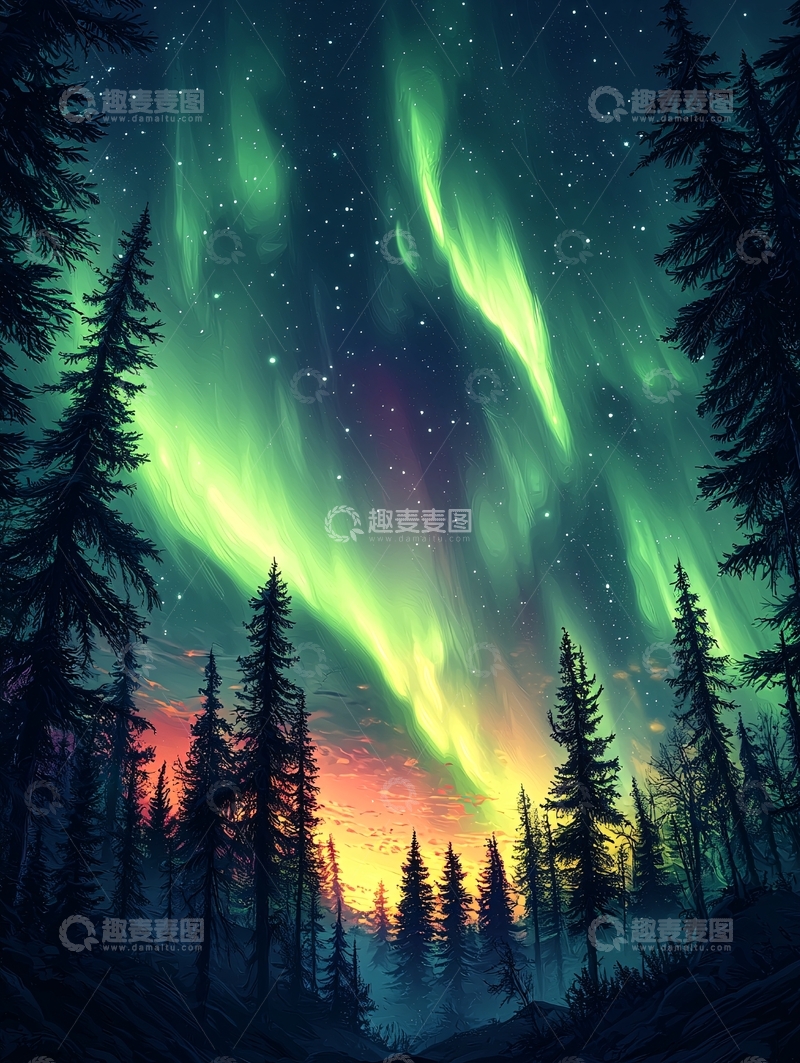 高清大图下载【趣麦麦图】壮丽极光下的森林夜景