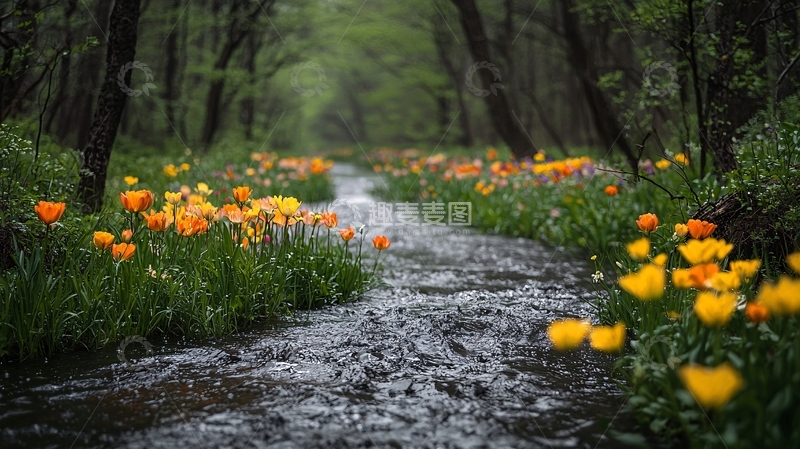 高清大图下载【趣麦麦图】森林小溪边盛开的郁金香