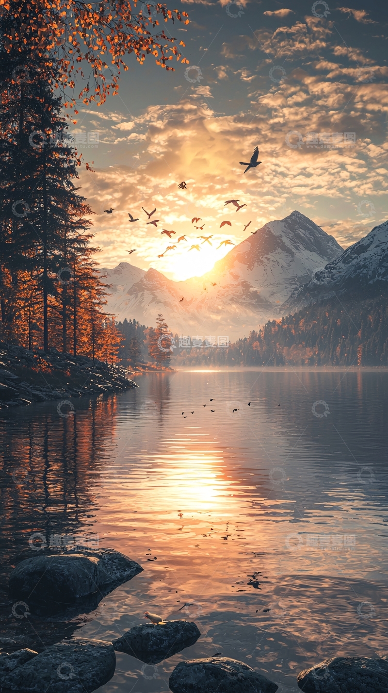 高清大图下载【趣麦麦图】秋日傍晚湖光山色