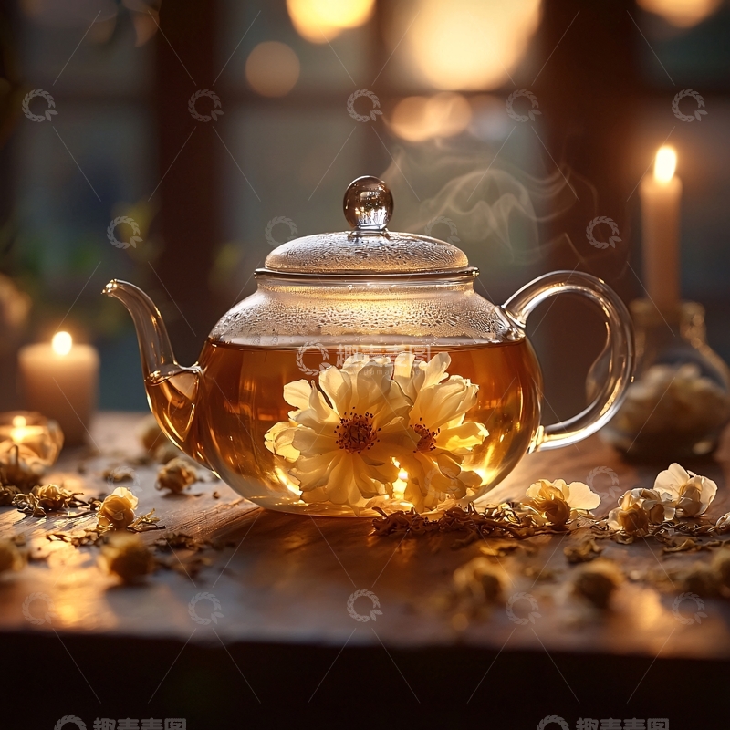 高清大图下载【趣麦麦图】花茶在透明玻璃壶中