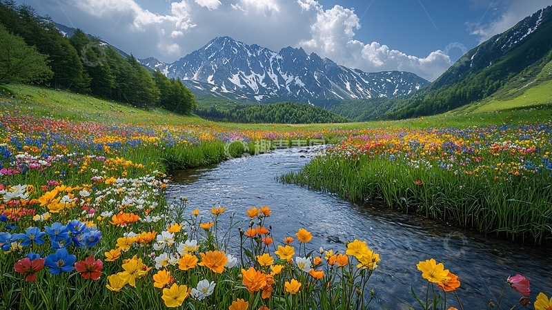 高清大图下载【趣麦麦图】山间溪流野花盛开