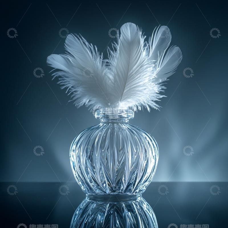 高清大图下载【趣麦麦图】蓝光背景下玻璃瓶中的白色羽毛