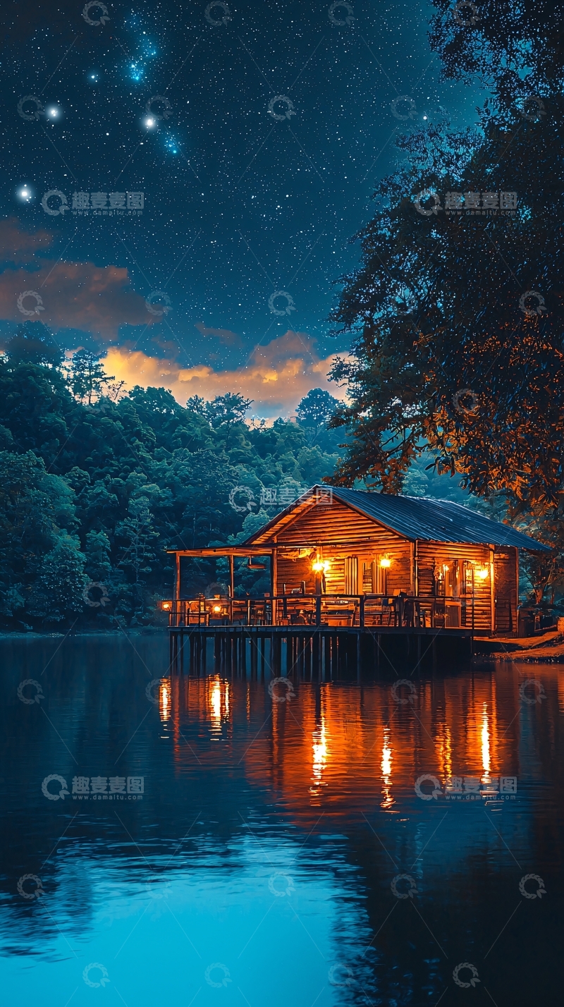 高清大图下载【趣麦麦图】宁静湖畔小屋星空夜景