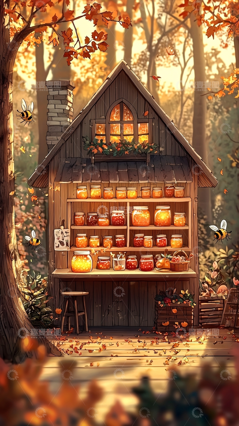 高清大图下载【趣麦麦图】秋日森林蜂蜜小屋
