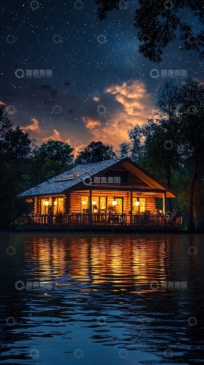 高清大图下载【趣麦麦图】星空下的湖边木屋