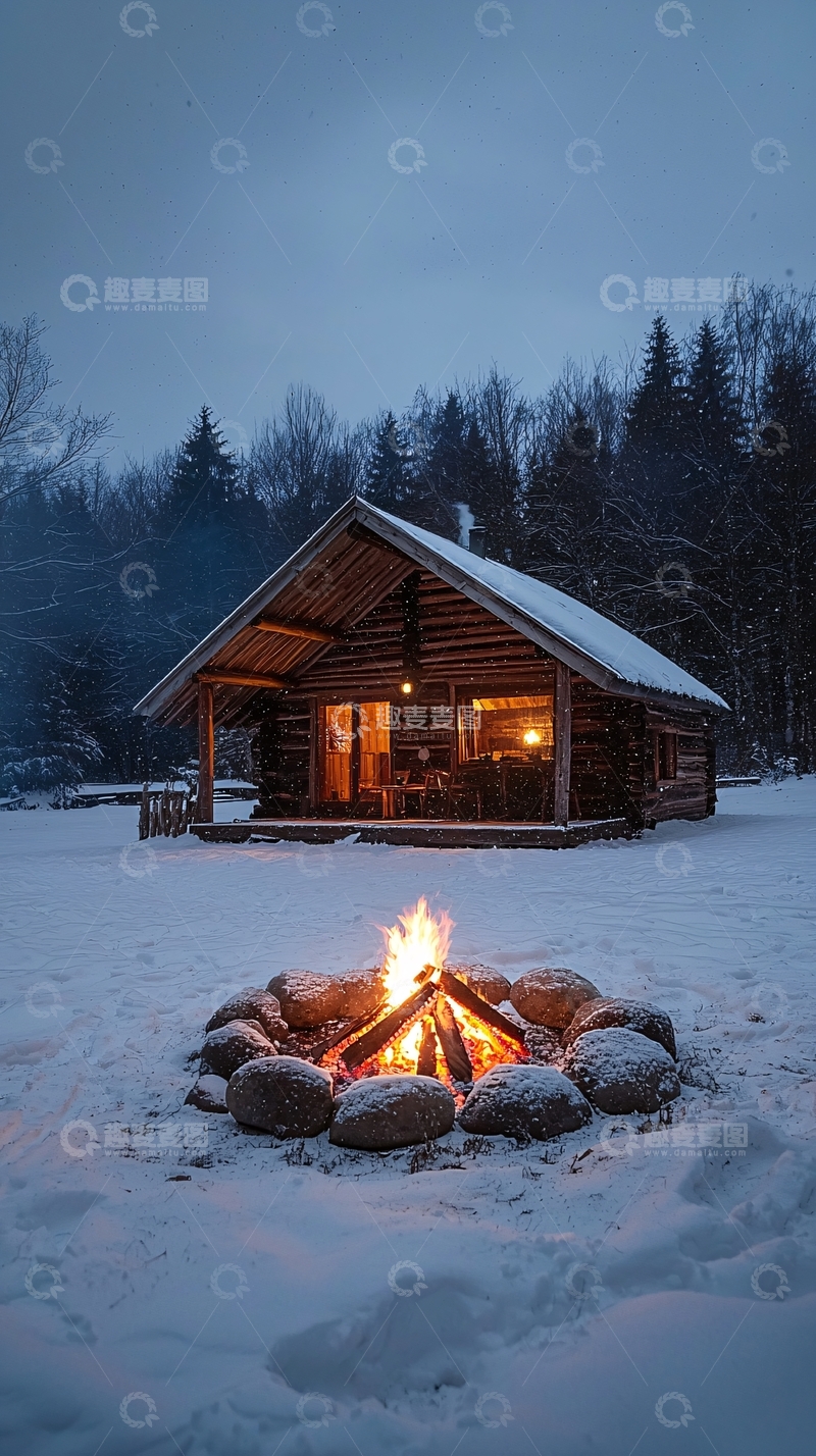 高清大图下载【趣麦麦图】冬夜木屋篝火