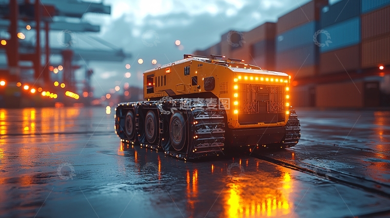 高清大图下载【趣麦麦图】港口夜景下的黄色机器人