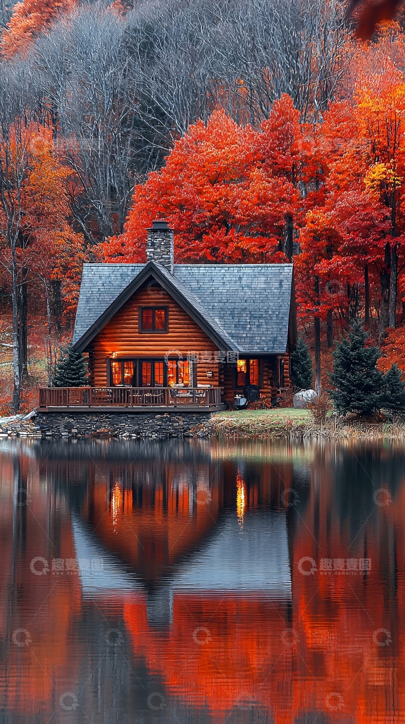 高清大图下载【趣麦麦图】秋日湖畔的小木屋
