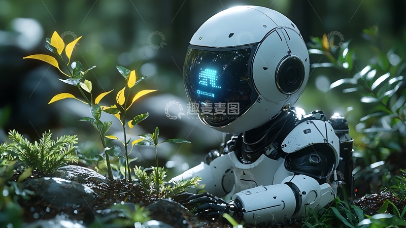 高清大图下载【趣麦麦图】森林中白色小机器人