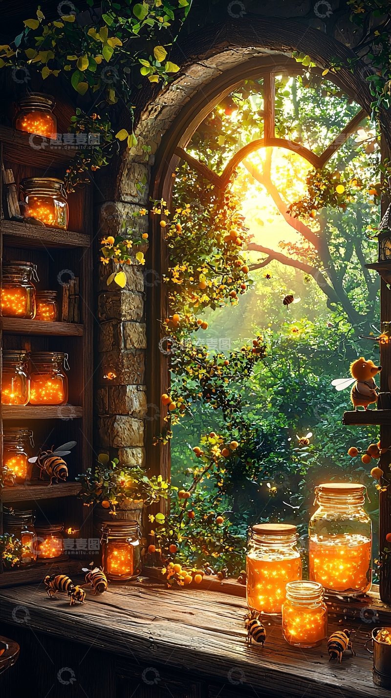 高清大图下载【趣麦麦图】阳光透过窗户的蜂蜜罐