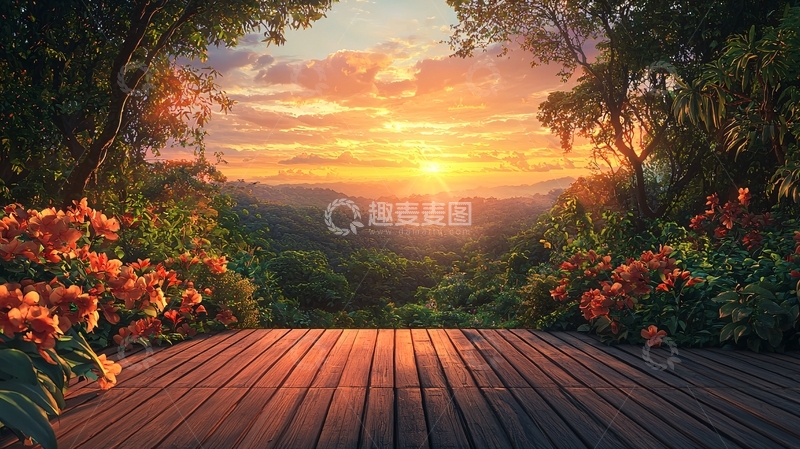 高清大图下载【趣麦麦图】木质平台日落山谷风景