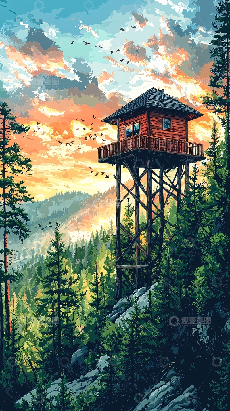 高清大图下载【趣麦麦图】山顶木屋日落风景