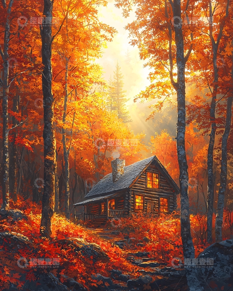 高清大图下载【趣麦麦图】秋日森林小屋