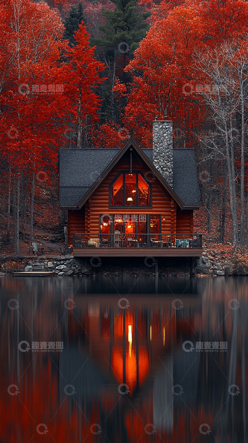 高清大图下载【趣麦麦图】秋日湖畔小屋