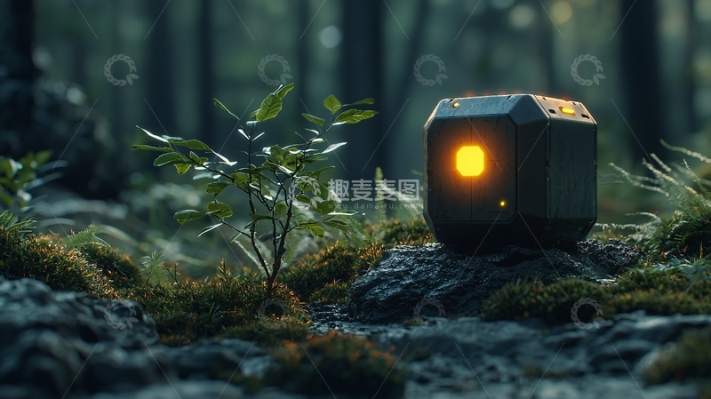 高清大图下载【趣麦麦图】森林里发光的黑色方块