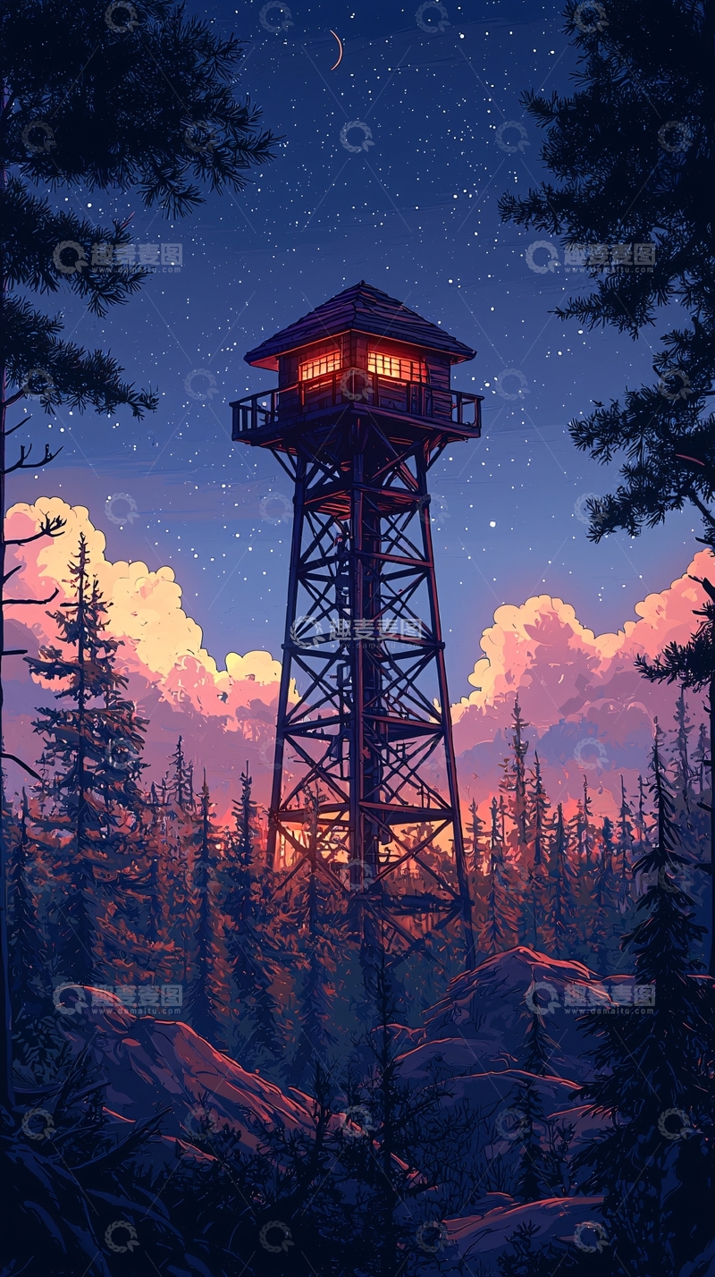 高清大图下载【趣麦麦图】夜晚森林瞭望塔