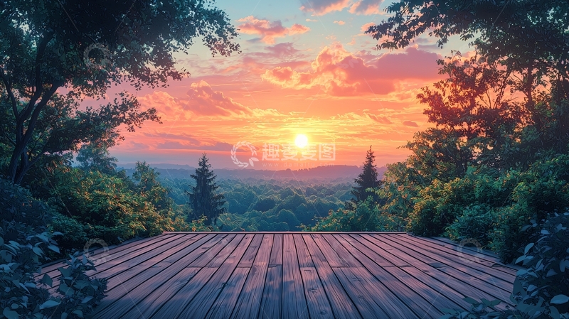 高清大图下载【趣麦麦图】树林木板平台上的日落景色