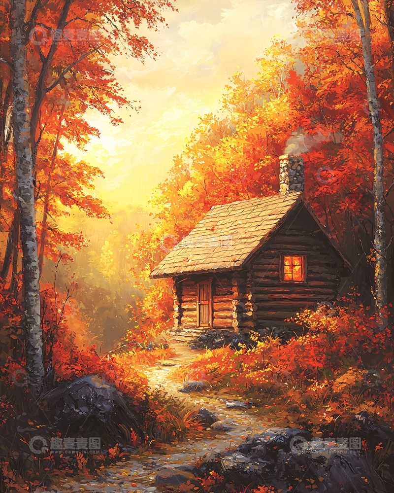 高清大图下载【趣麦麦图】秋日森林小屋温暖的景象