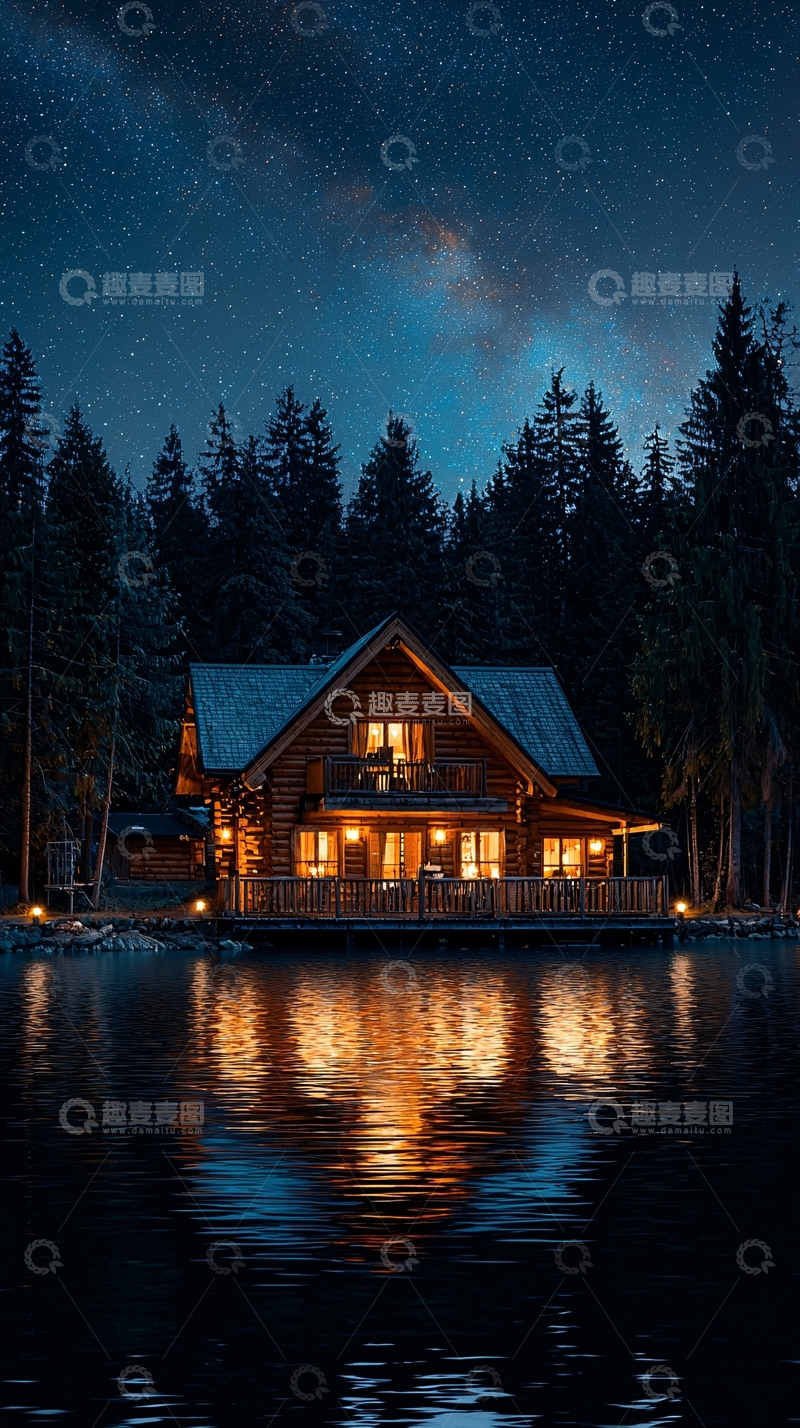 高清大图下载【趣麦麦图】湖边夜晚的木屋