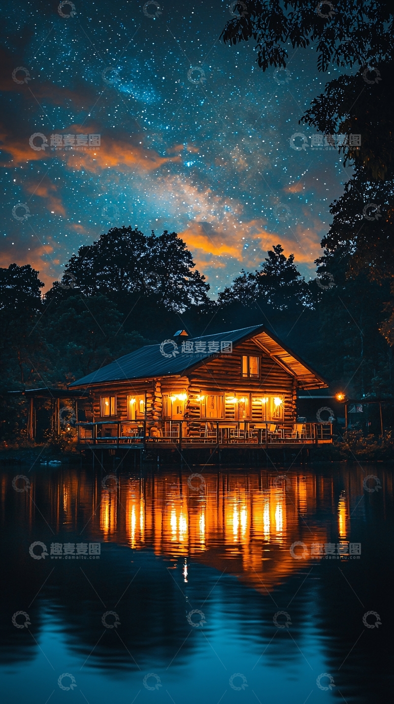 高清大图下载【趣麦麦图】湖畔小屋星空夜景