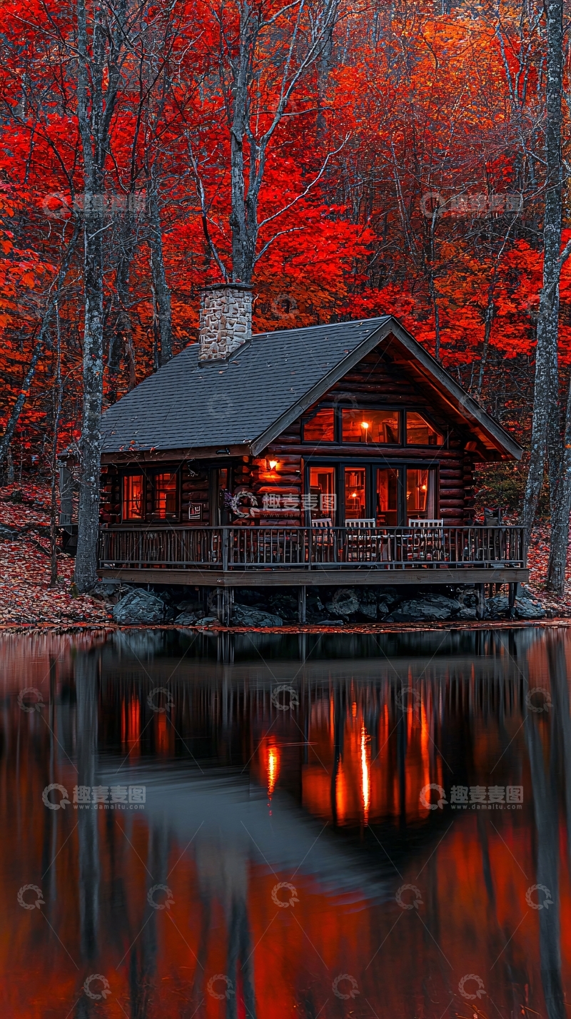 高清大图下载【趣麦麦图】秋日红叶木屋湖边小屋