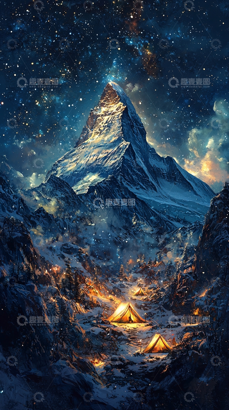 高清大图下载【趣麦麦图】夜空下的雪山露营地
