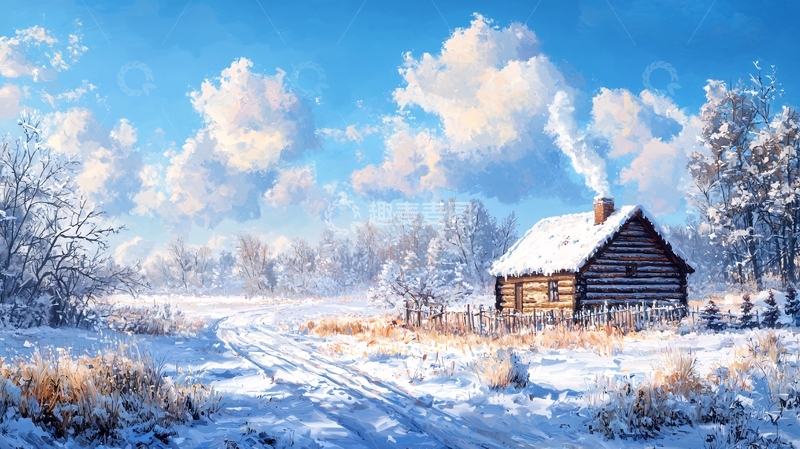 高清大图下载【趣麦麦图】雪地小屋冒着炊烟