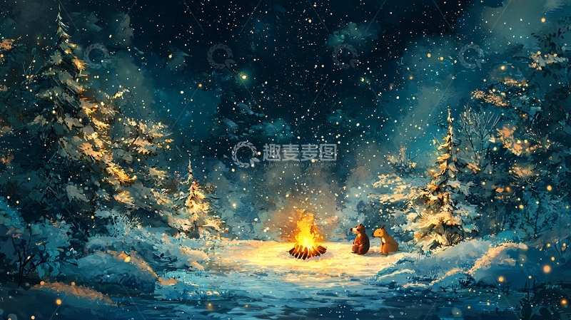 高清大图下载【趣麦麦图】雪夜篝火