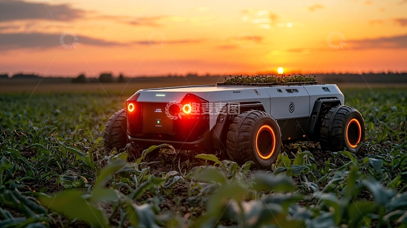 高清大图下载【趣麦麦图】-田园日落下的农业机器人