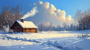 冬季小屋冒着烟