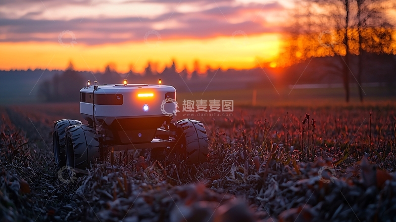 高清大图下载【趣麦麦图】夕阳下田野里的农业机器人