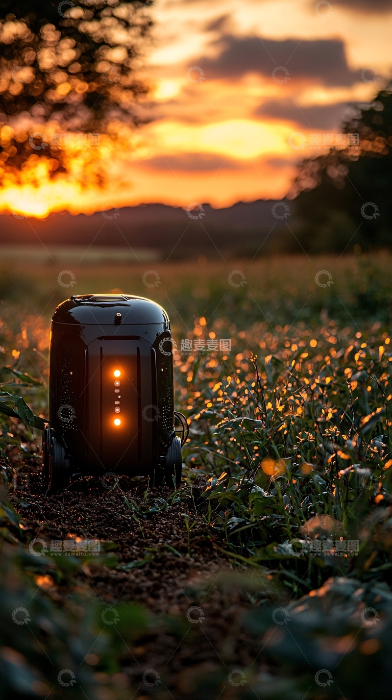 高清大图下载【趣麦麦图】日落田野里的黑色机器人