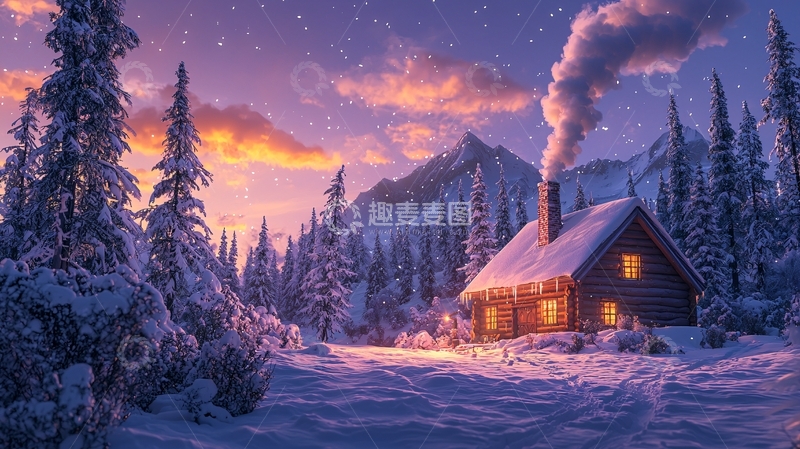 高清大图下载【趣麦麦图】冬日雪山小屋夜景