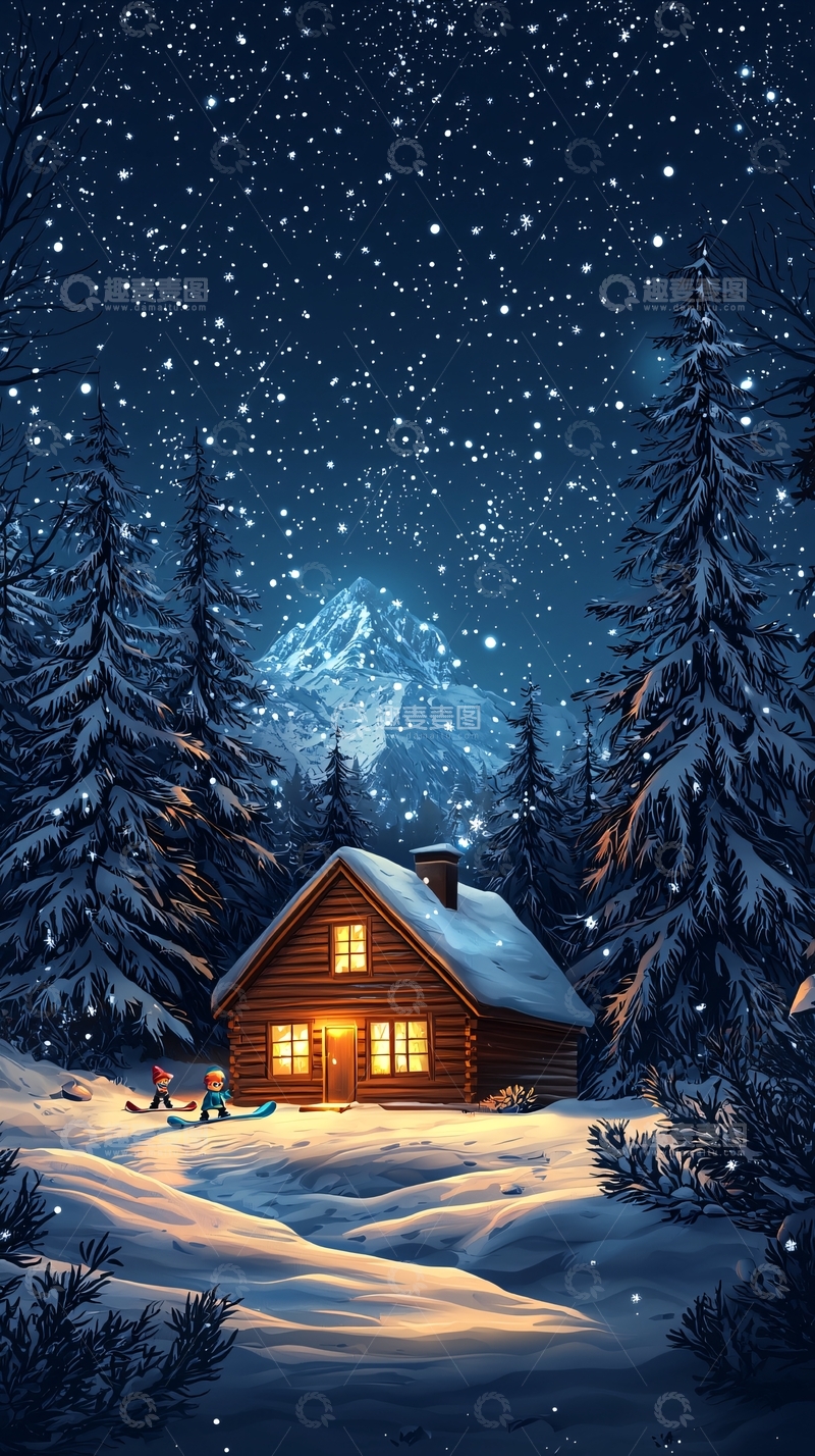 高清大图下载【趣麦麦图】雪夜木屋