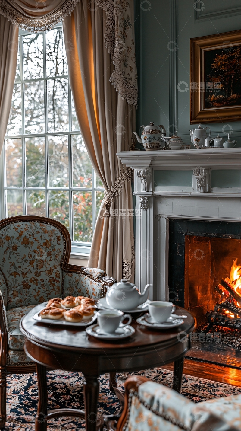 高清大图下载【趣麦麦图】壁炉旁的下午茶时光