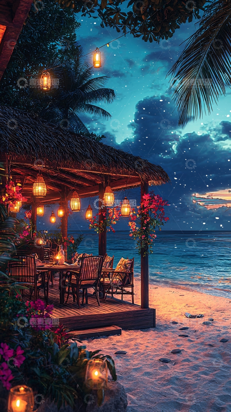 高清大图下载【趣麦麦图】海边餐厅夜景