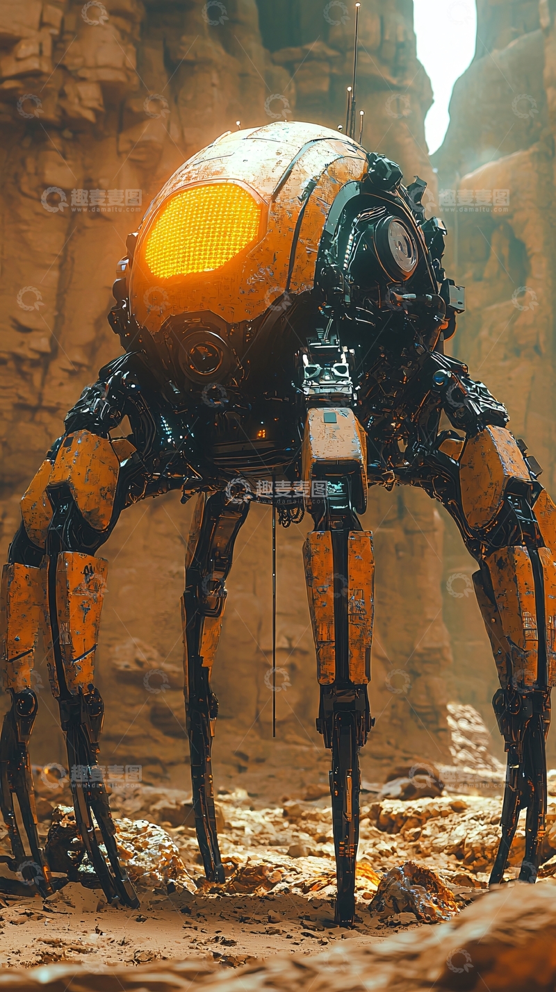 高清大图下载【趣麦麦图】荒漠中带有发光眼睛的机械蜘蛛