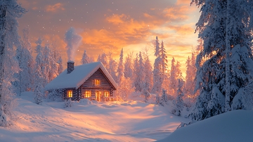 雪地小屋日落时分