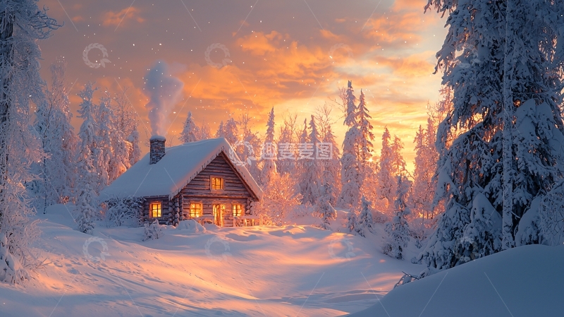 高清大图下载【趣麦麦图】雪地小屋日落时分