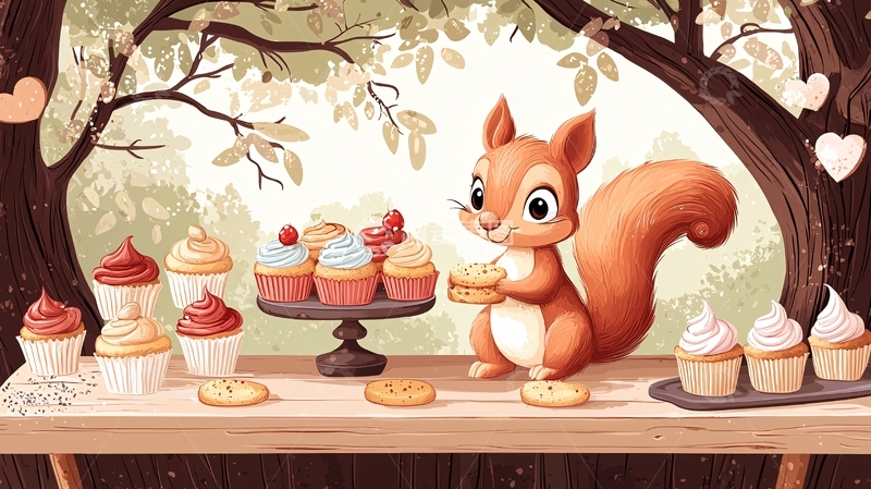 高清大图下载【趣麦麦图】卡通松鼠与纸杯蛋糕