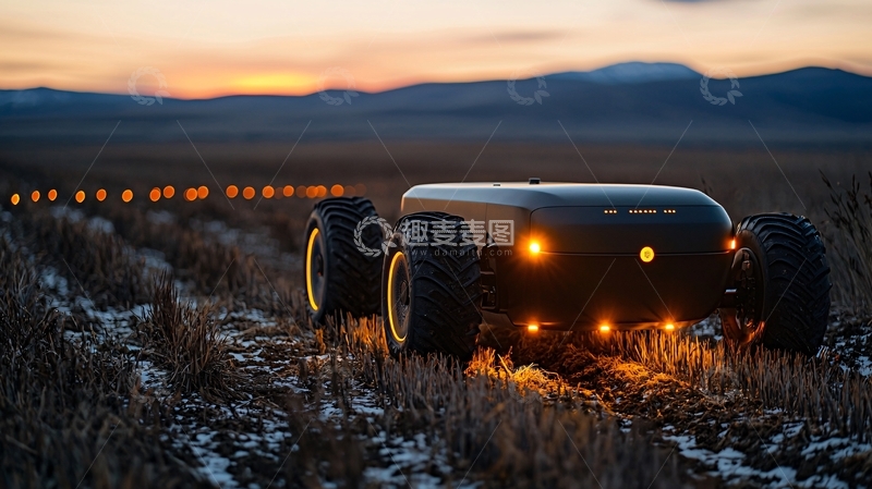 高清大图下载【趣麦麦图】黄昏沙漠中行驶的越野机器人