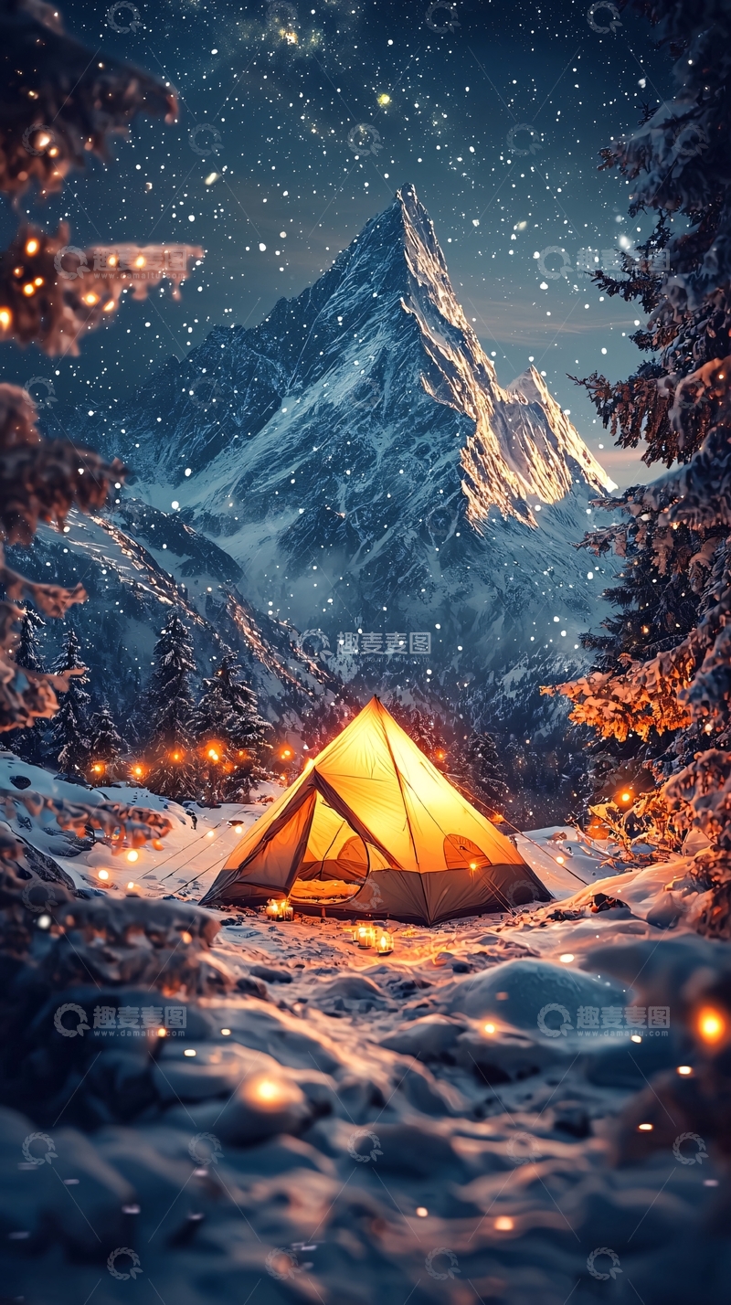 高清大图下载【趣麦麦图】雪山帐篷夜景