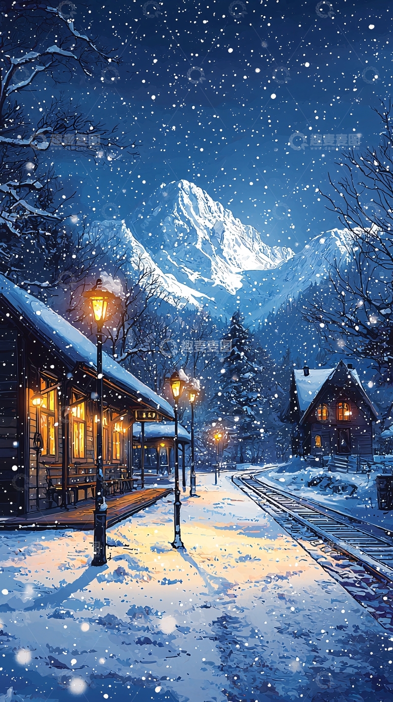 高清大图下载【趣麦麦图】雪夜山村