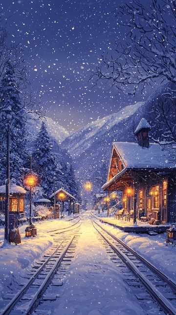 雪夜中的火车站