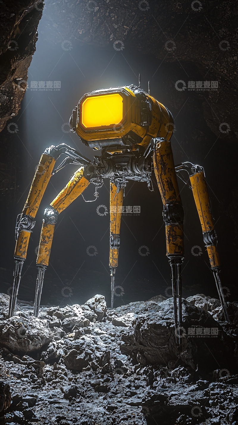 高清大图下载【趣麦麦图】洞穴中的黄色蜘蛛机器人
